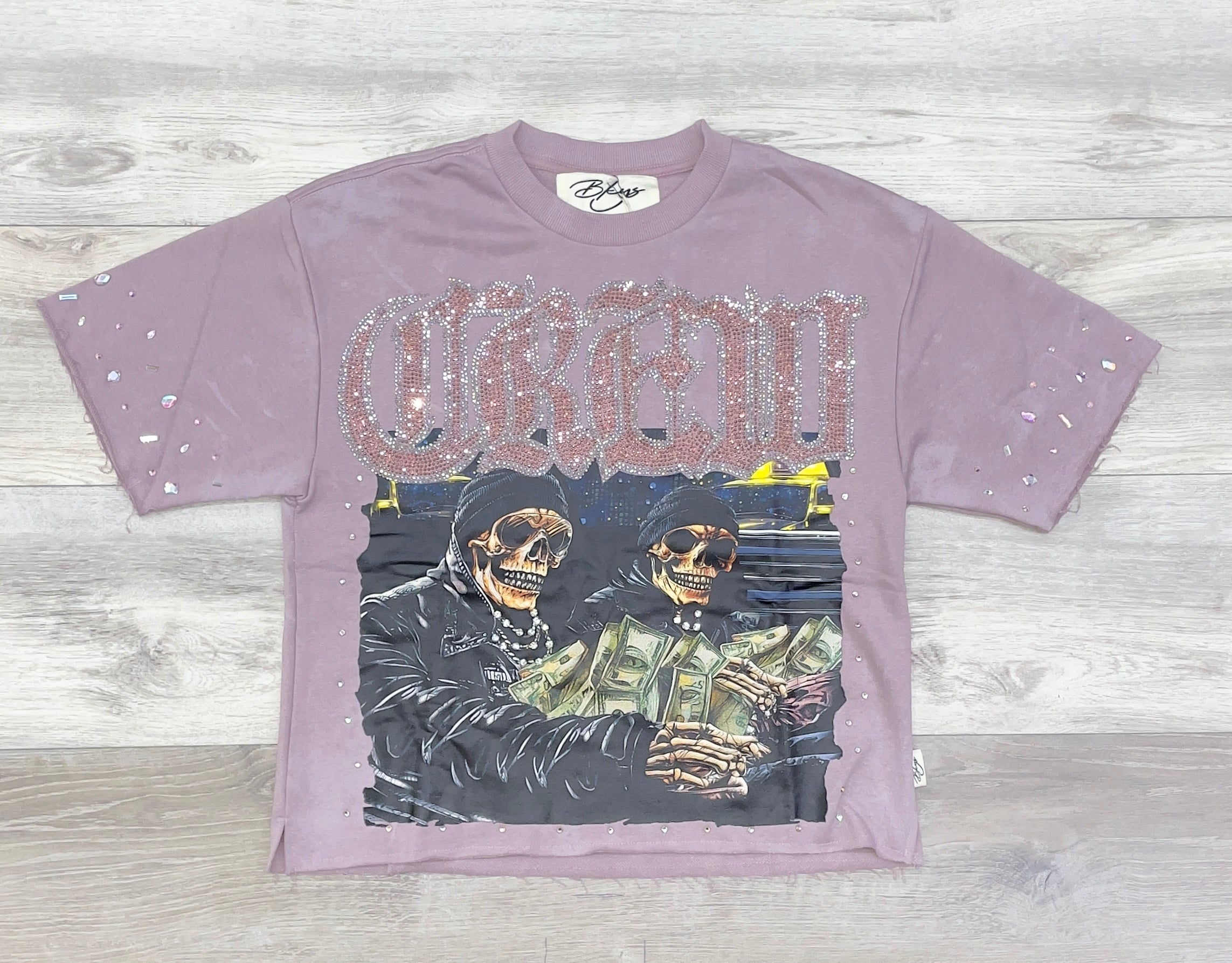 MAUVE RHINESTONE GANG PRINT TEE – BKYS