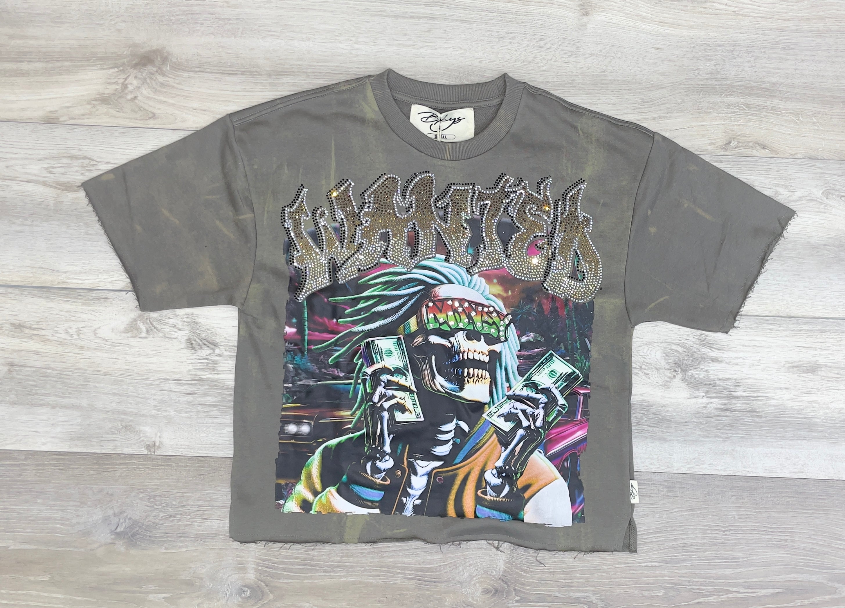 BKYS OLIVE RHINESTONE GRAPHIC CROP TOP