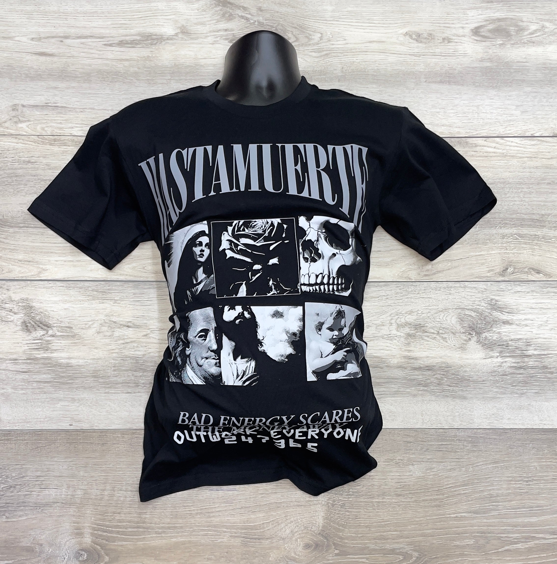 BLACK T-SHIRT WITH GREY GRAPHIC COLLAGE PRINT