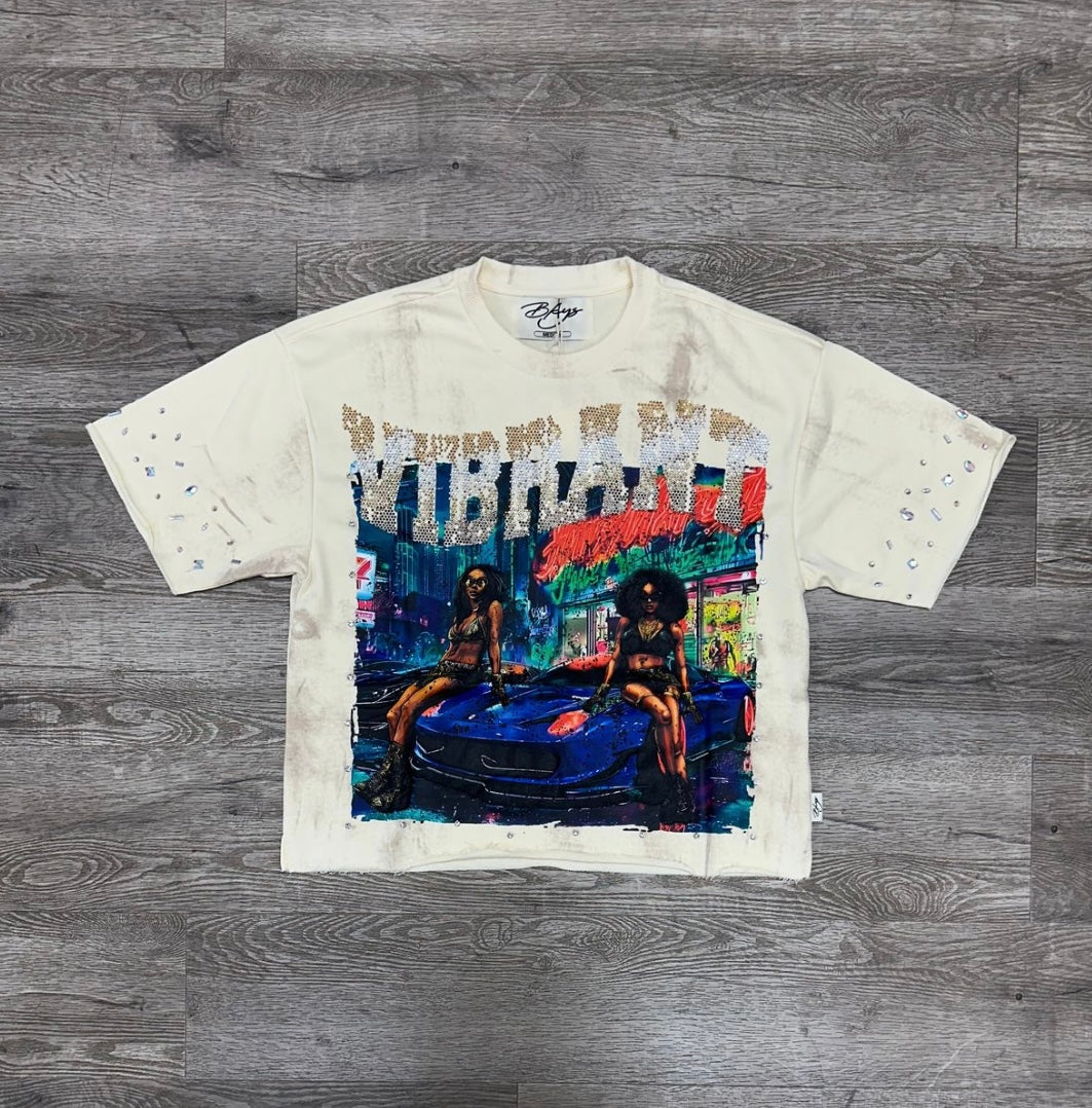 CREAM CROPPED RHINESTONE GRAPHIC T-SHIRT