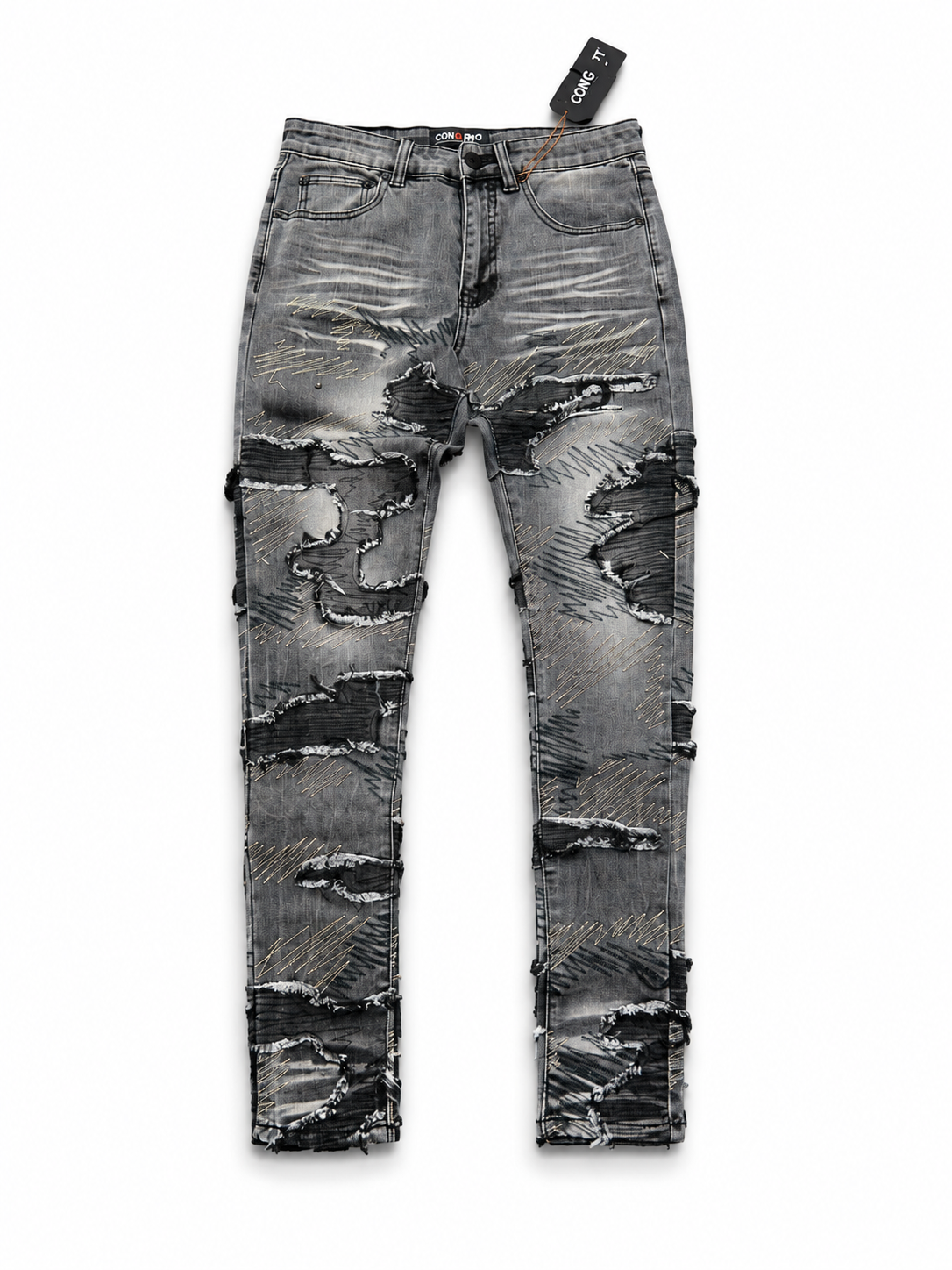 CONCEPT GREY DISTRESSED SCRIBBLE JEANS