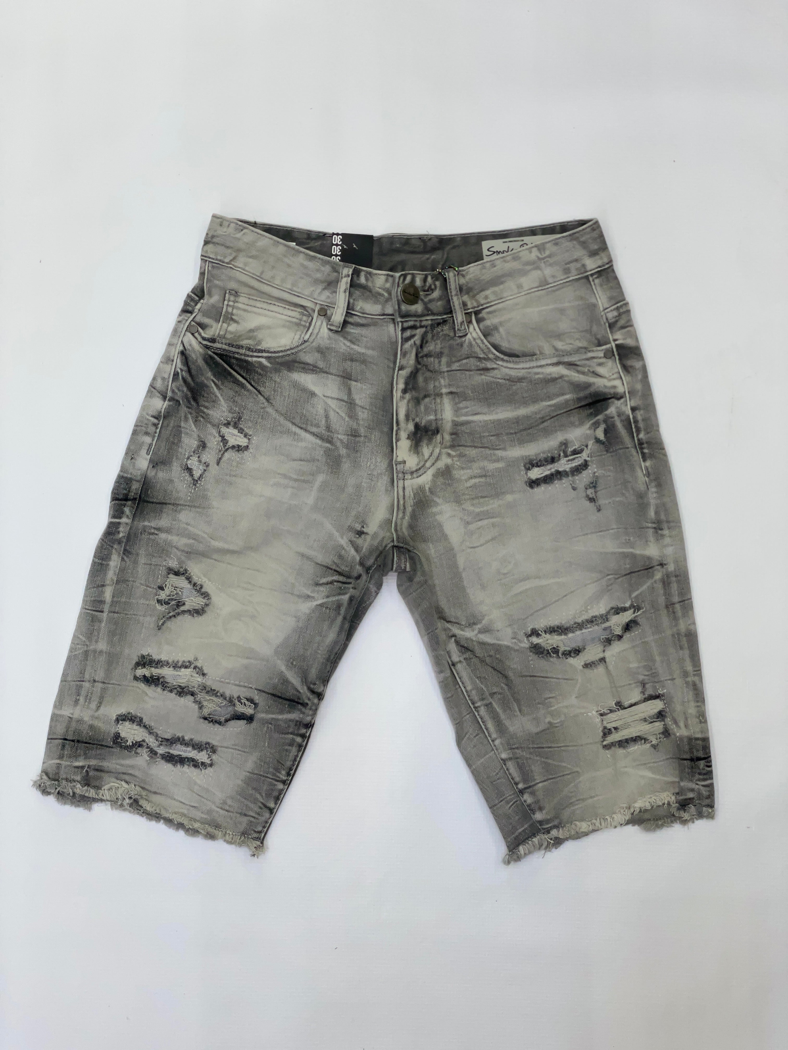 SMOKE RISE GREY DISTRESSED DENIM SHORTS