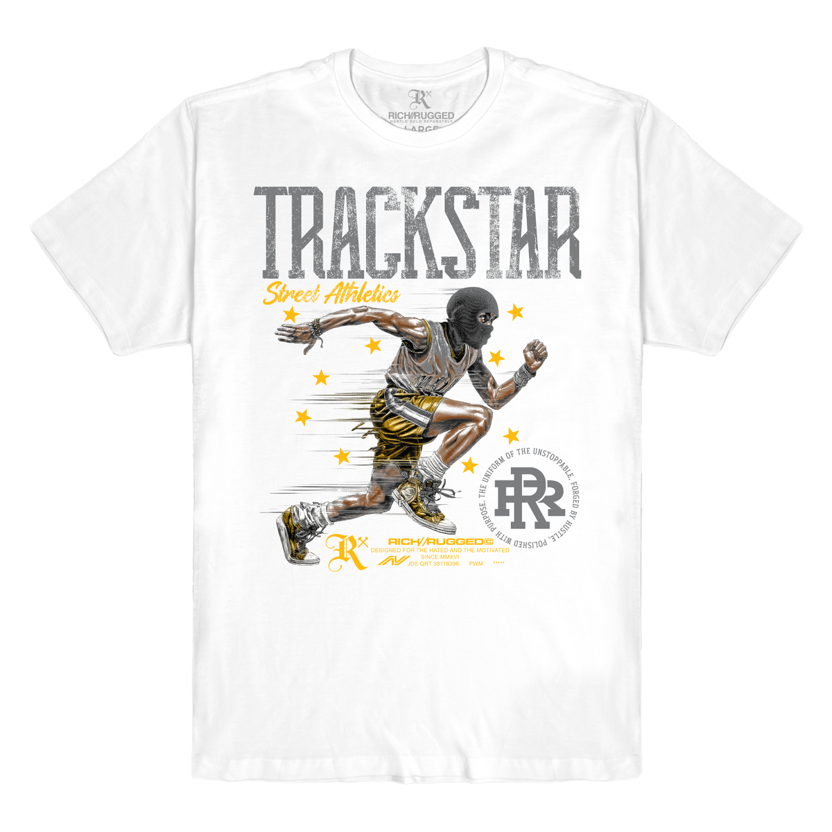 WHITE TRACK RUNNER GRAPHIC T-SHIRT (GREY & GOLD)