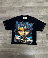 BLACK CROPPED RHINESTONE GRAPHIC T-SHIRT