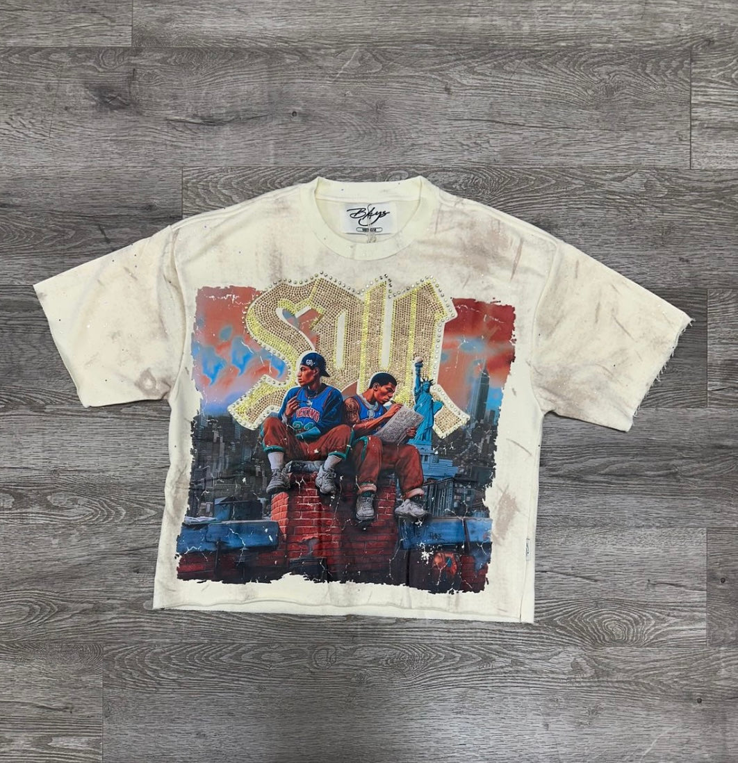 CREAM CROPPED RHINESTONE CITY GRAPHIC T-SHIRT