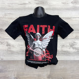 BLACK TEE WITH RED AND WHITE PRINT