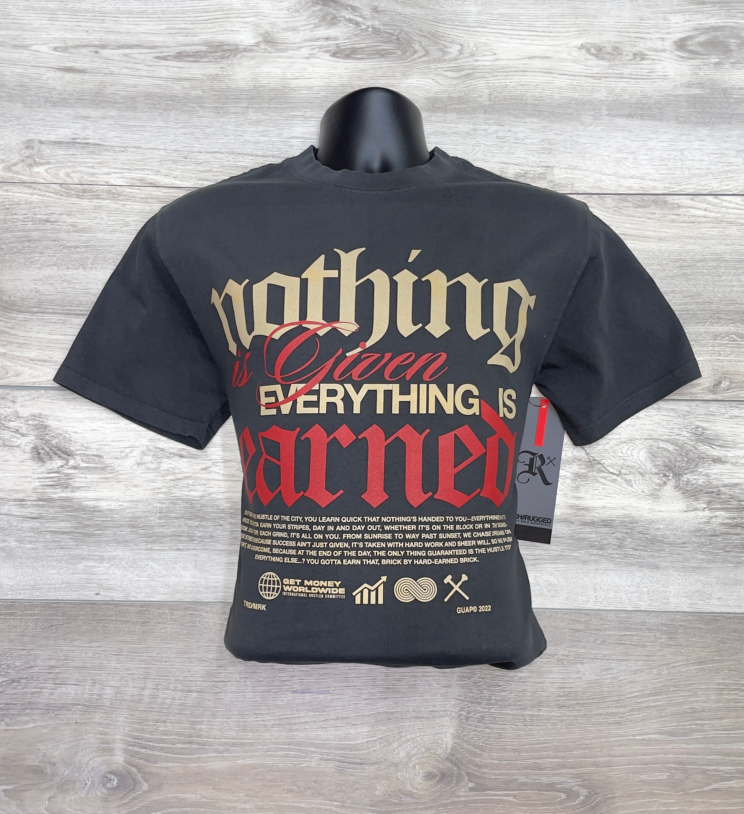 BLACK TEE WITH GOLD & RED PRINT