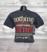 BLACK TEE WITH GOLD & RED PRINT