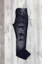 BLACK DISTRESSED STRETCH DENIM – VINTAGE WASH
