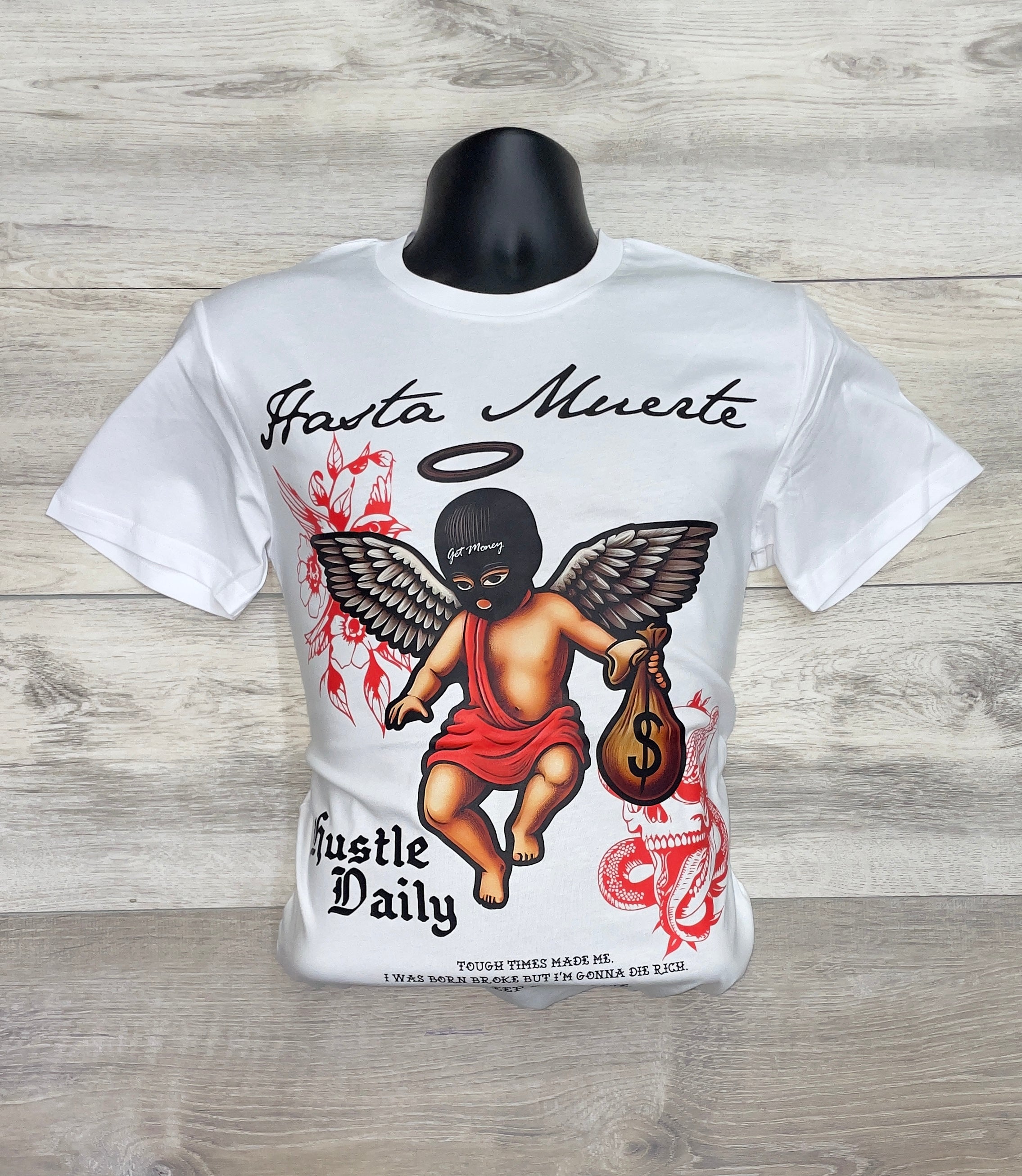 WHITE T-SHIRT WITH ANGEL & MONEY BAG PRINT