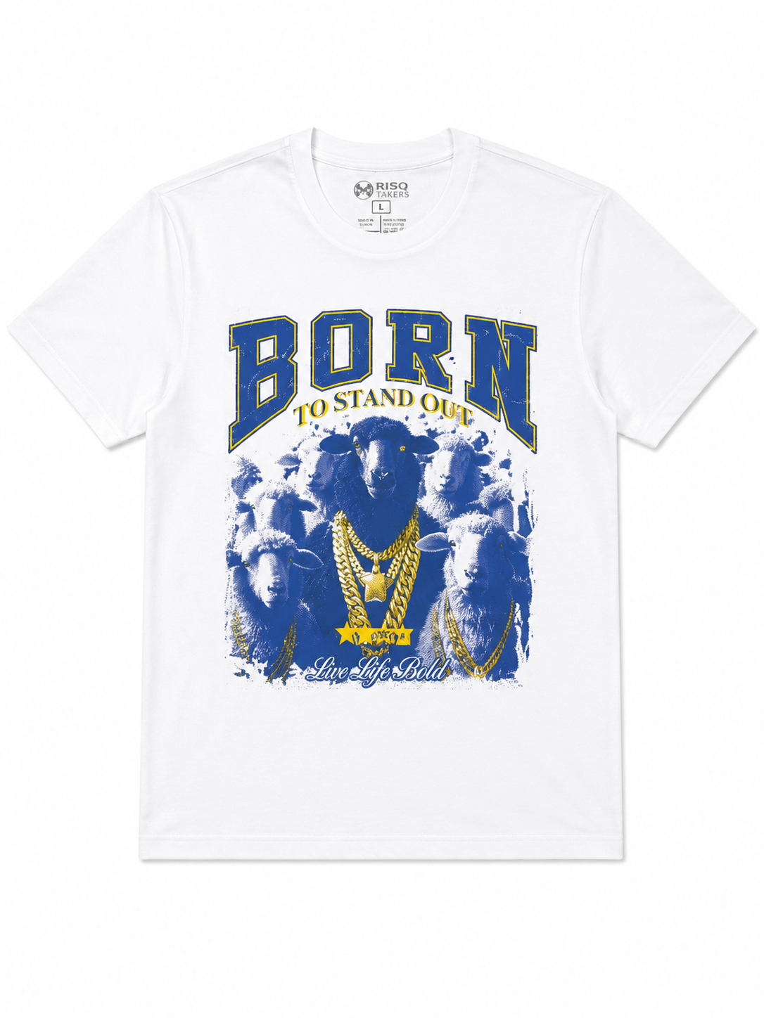 RISQ TAKERS – WHITE BLUE & GOLD SHEEP GRAPHIC TEE