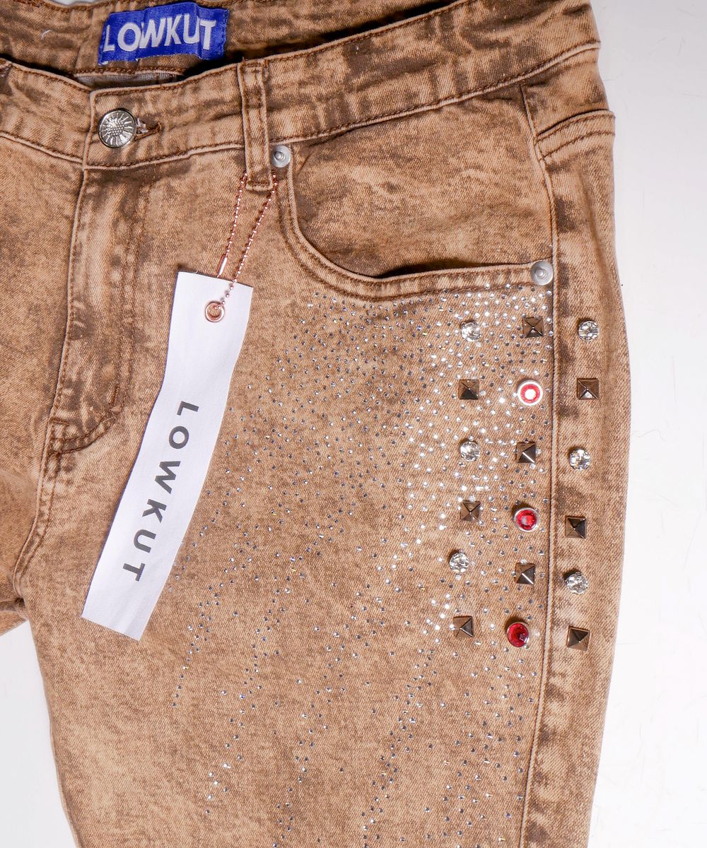 BROWN RHINESTONE DISTRESSED JEANS