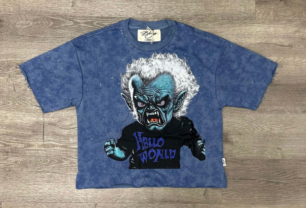 BLUE ACID WASH HORROR CHARACTER GRAPHIC T-SHIRT