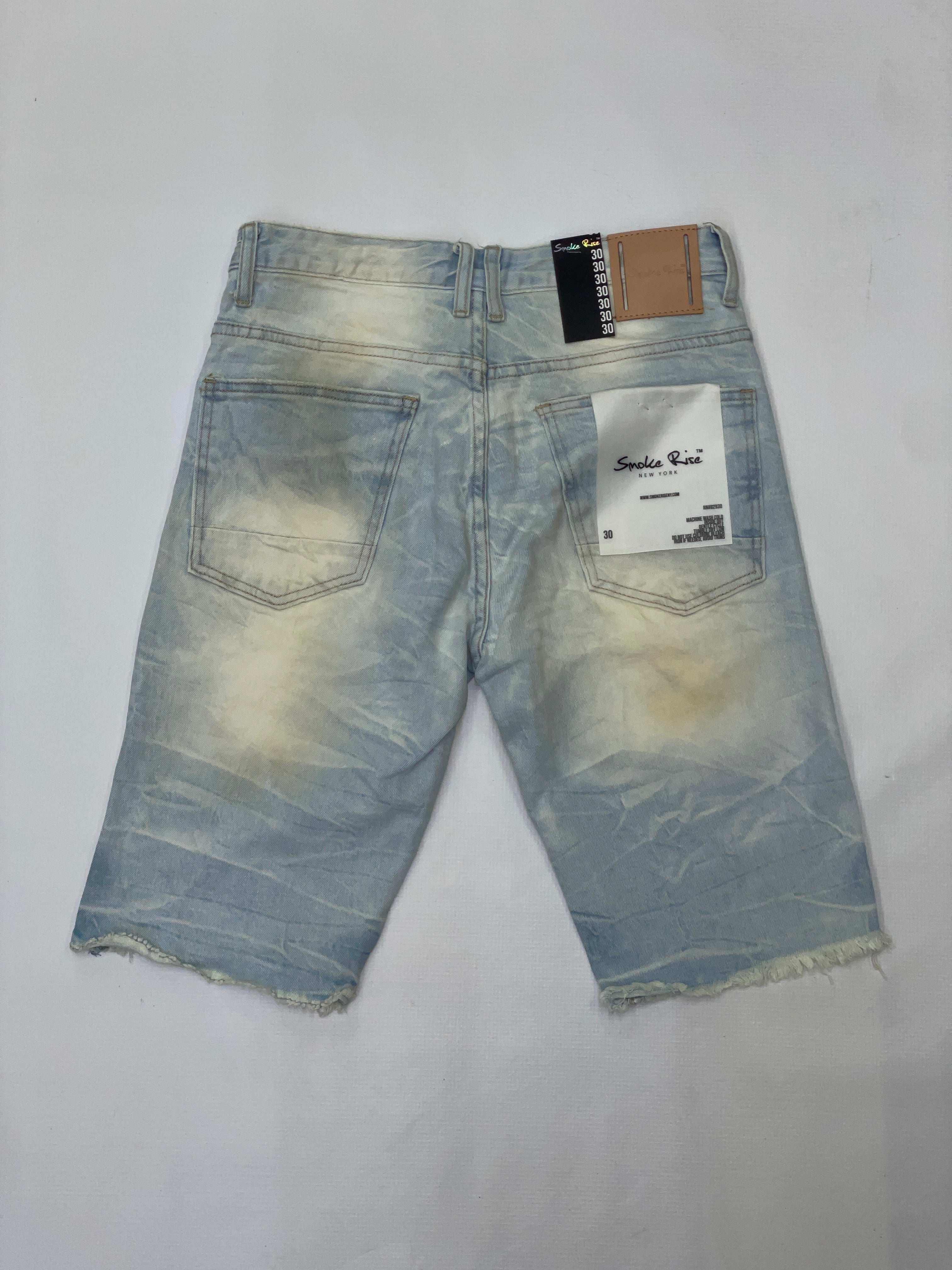 SMOKE RISE LIGHT WASH DISTRESSED DENIM SHORTS