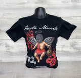 BLACK T-SHIRT WITH RED AND WHITE GRAPHIC PRINT