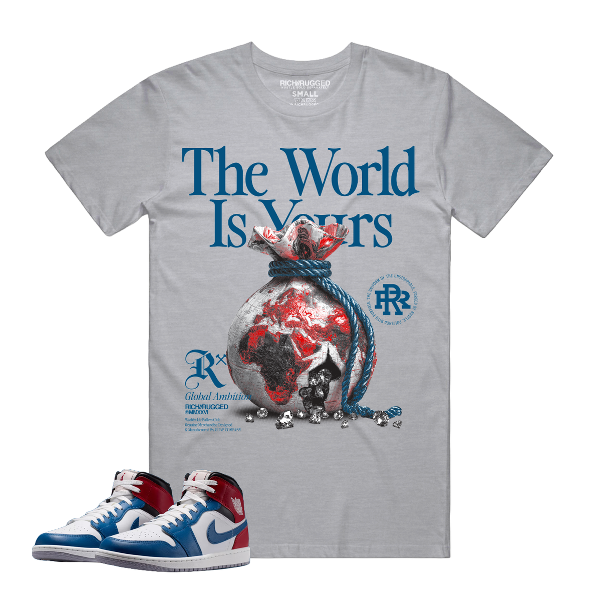 Rich Rugged – The World Is Yours Graphic T-Shirt (Heather Gray/Blue)