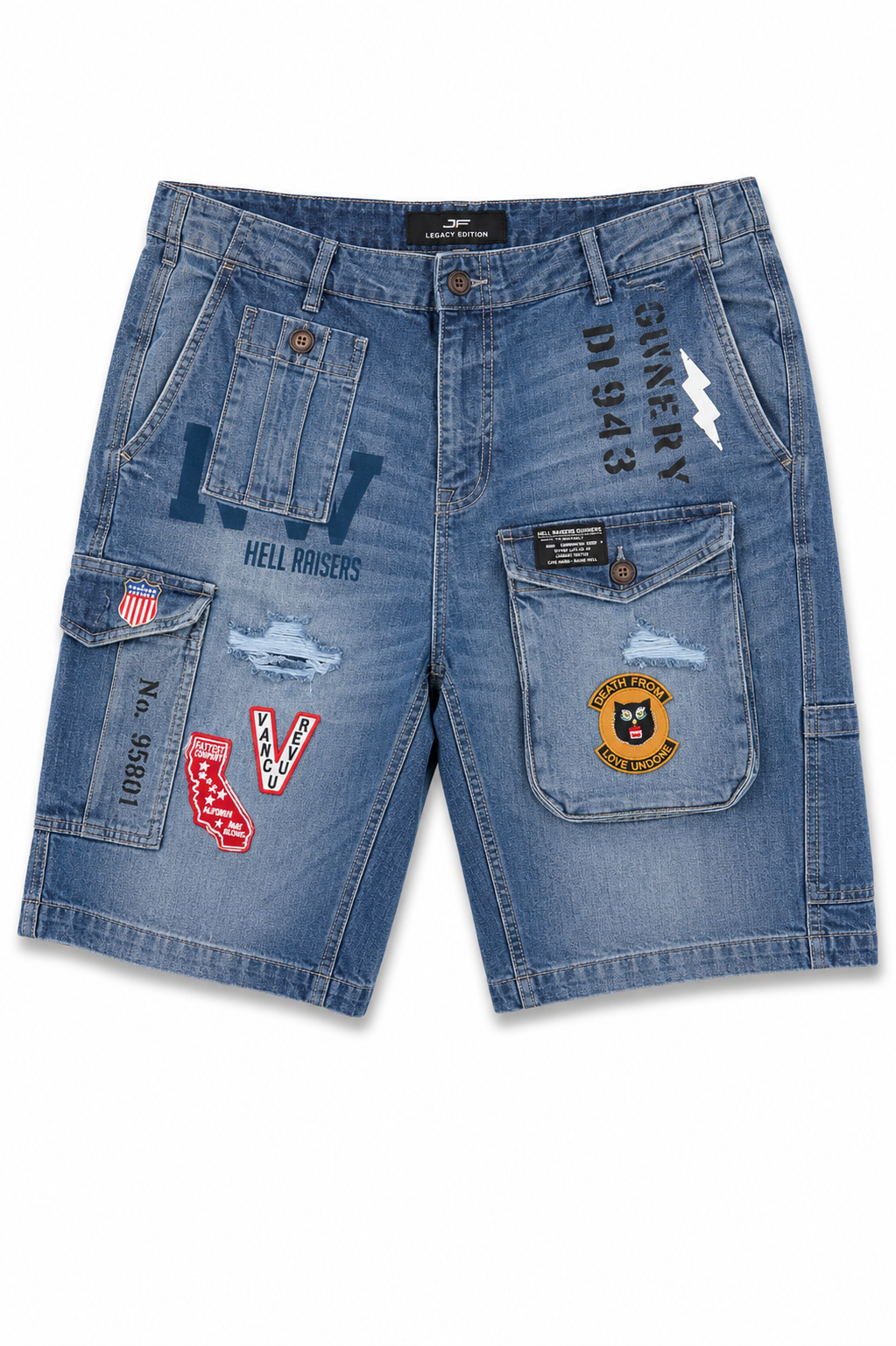 JORDAN CRAIG BLUE PATCH DENIM SHORTS
