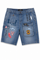 JORDAN CRAIG BLUE PATCH DENIM SHORTS