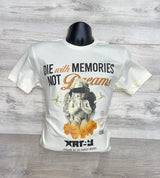 CREAM T-SHIRT WITH BLACK AND ORANGE PRINT