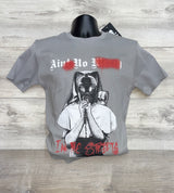 GREY TEE WITH BLACK & RED PRINT