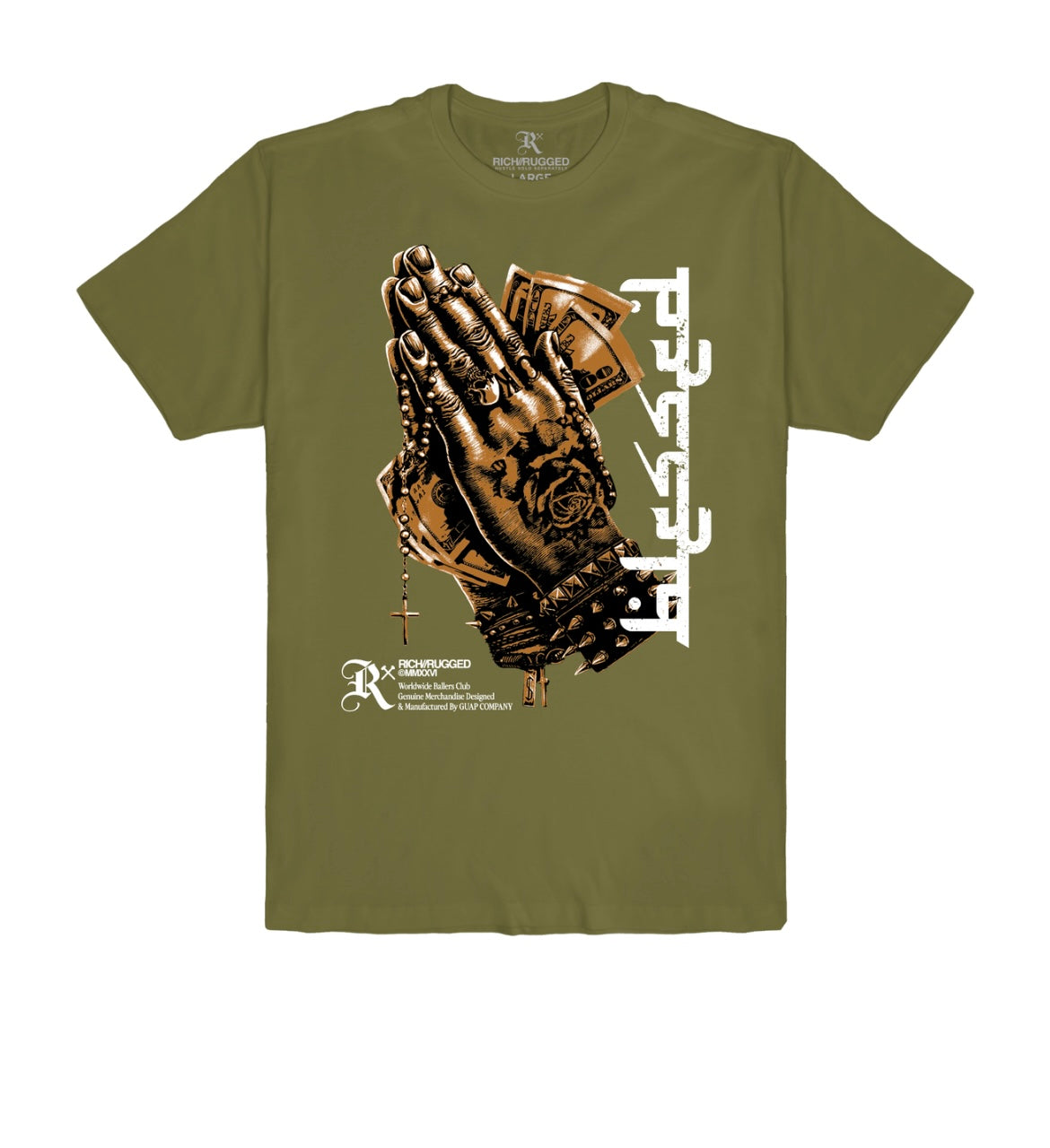 OLIVE PRAYING HANDS MONEY GRAPHIC PRINT T-SHIRT