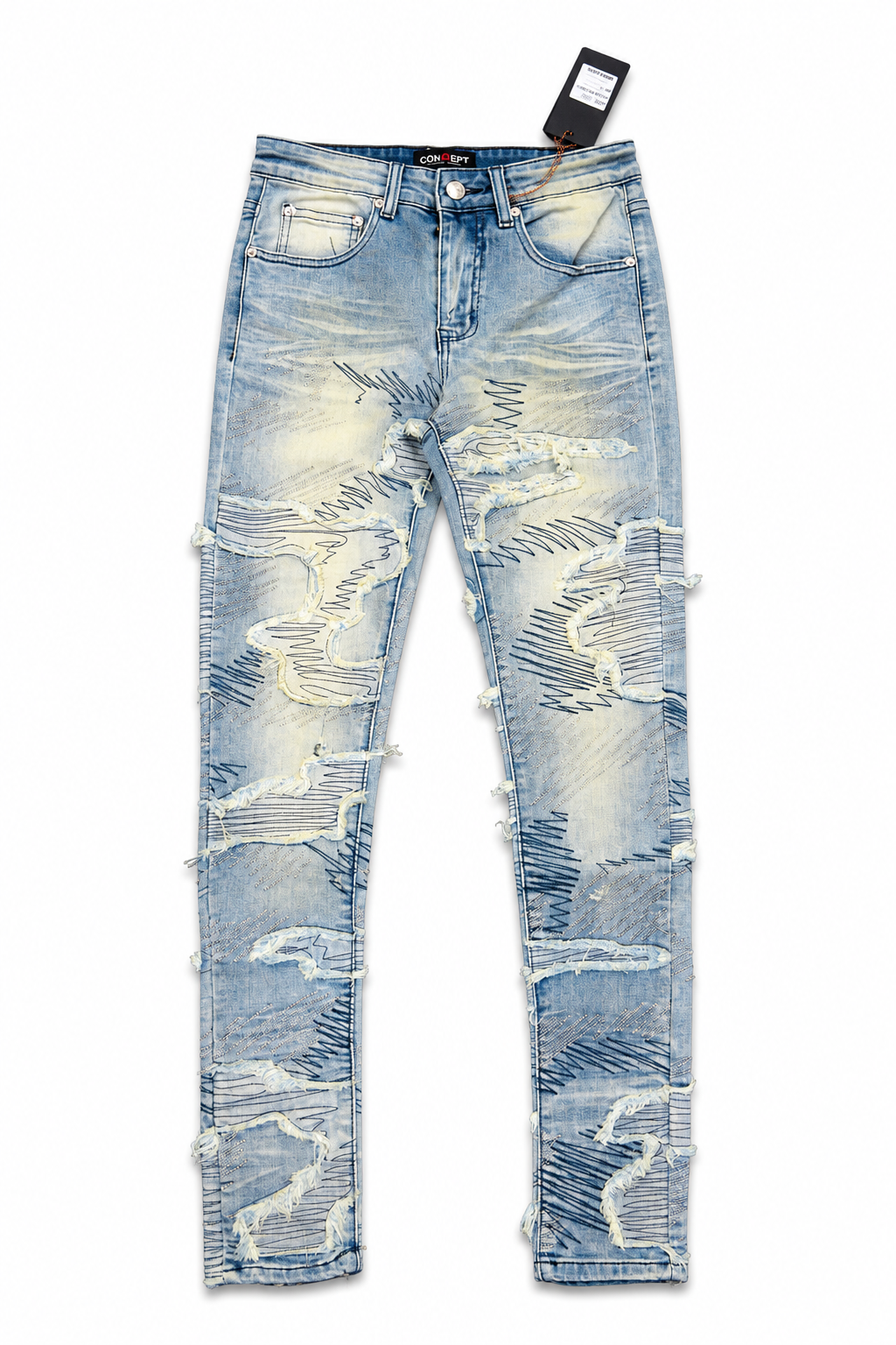 CONCEPT LIGHT WASH DISTRESSED SCRIBBLE JEANS