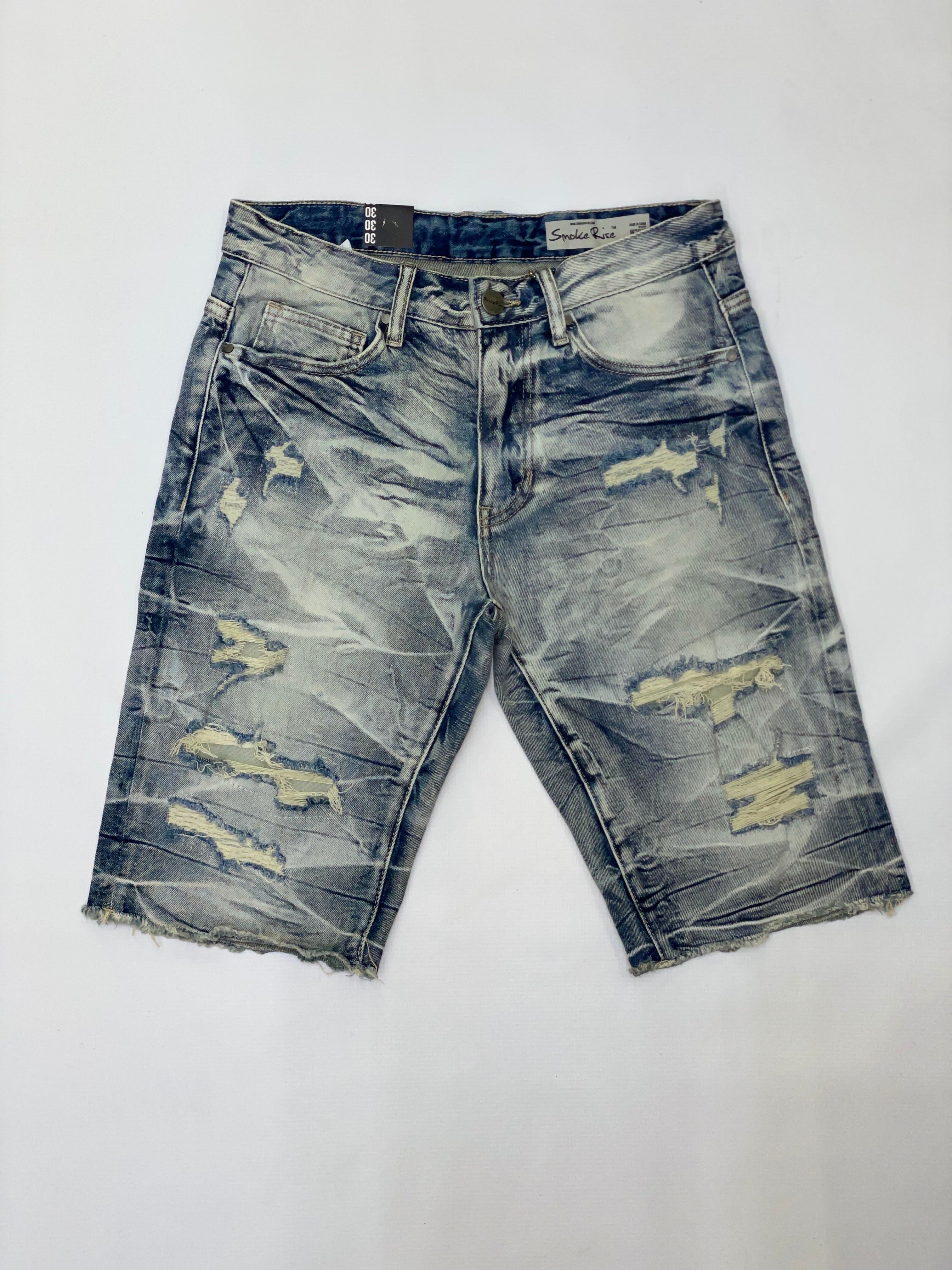 SMOKE RISE MEDIUM WASH DISTRESSED DENIM SHORTS