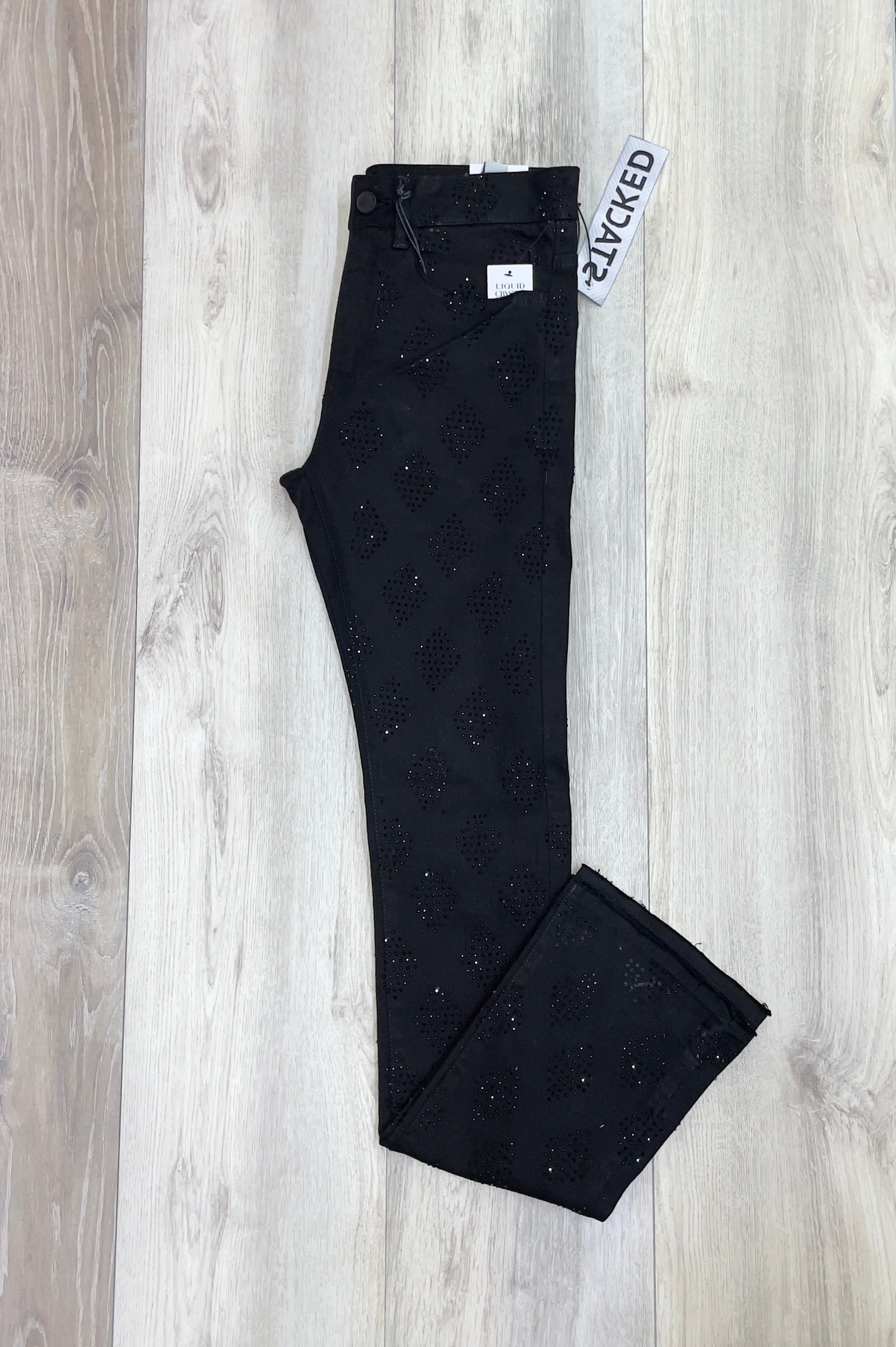 BLACK EMBELLISHED STACKED JEANS