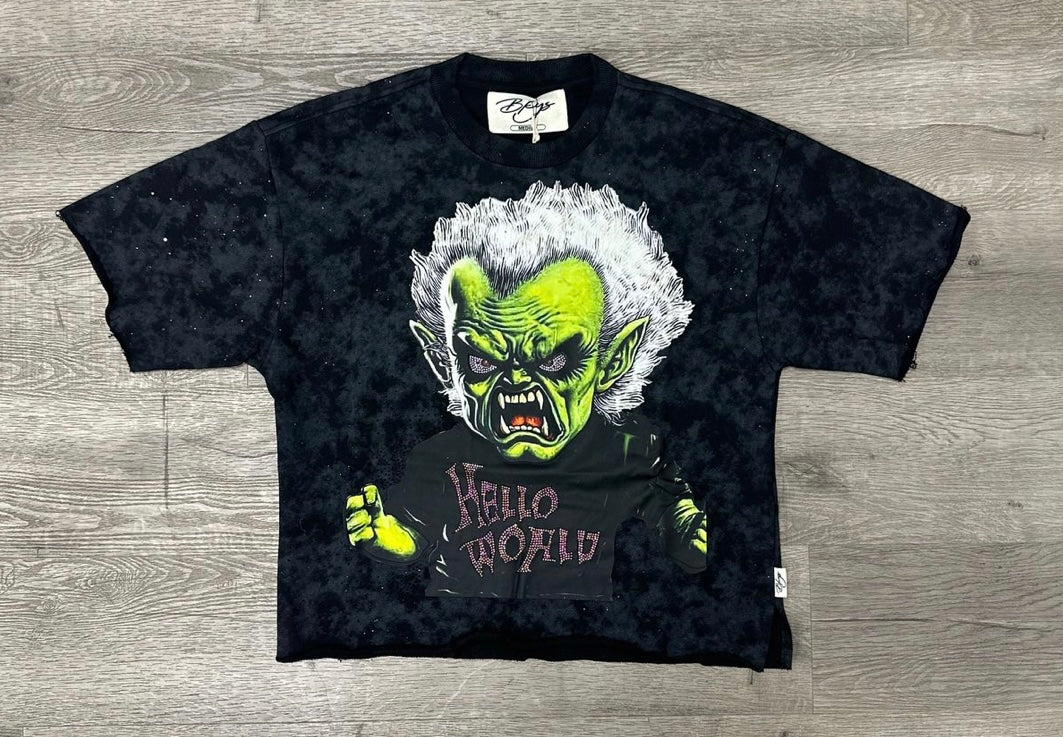 BLACK ACID WASH HORROR CHARACTER GRAPHIC T-SHIRT
