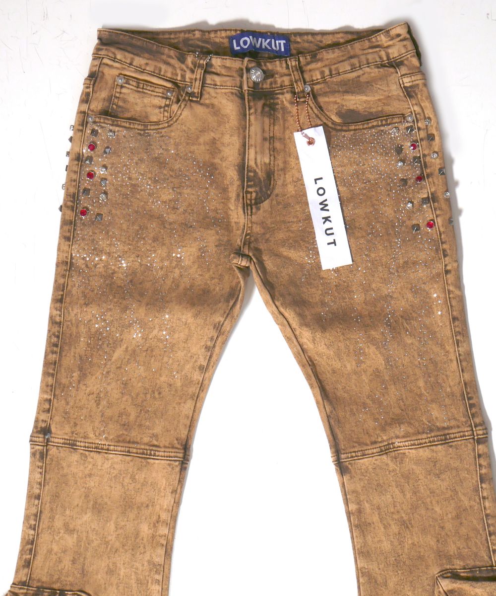 BROWN RHINESTONE DISTRESSED JEANS