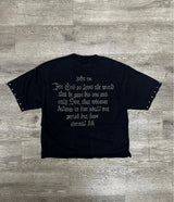 BLACK CROPPED RHINESTONE GRAPHIC T-SHIRT