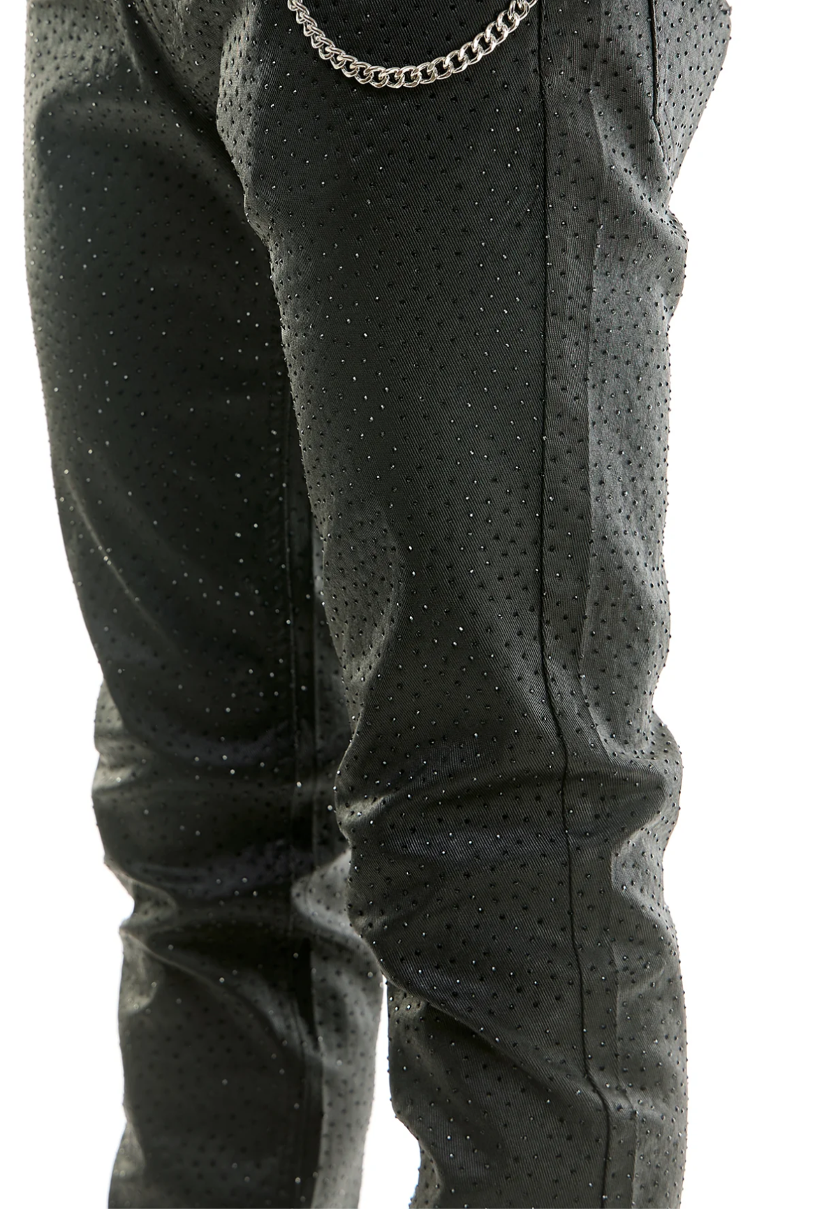 BLACK LUXE PANTS WITH BEADWORK AND CHAIN