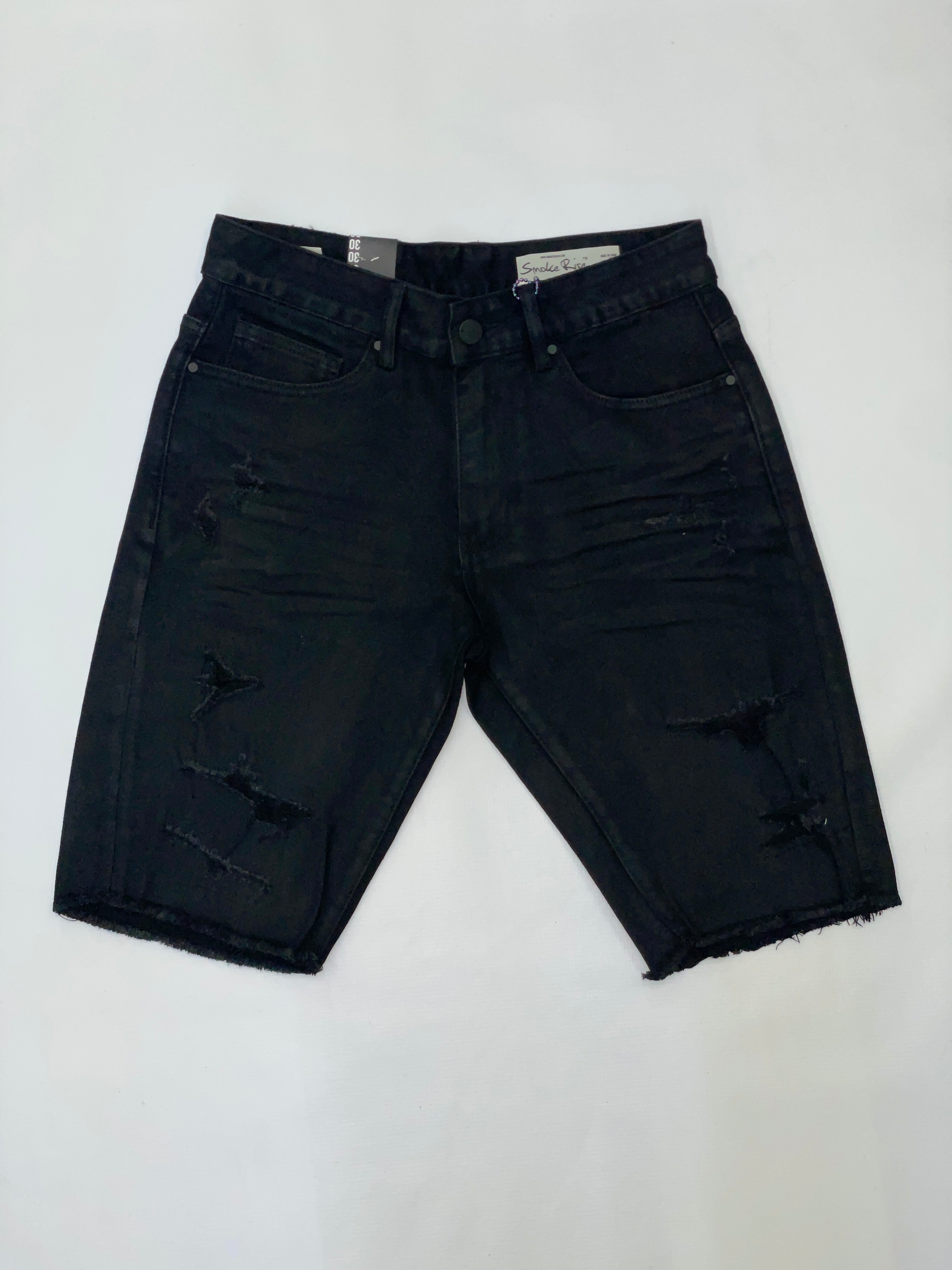 SMOKE RISE BLACK DISTRESSED DENIM SHORTS