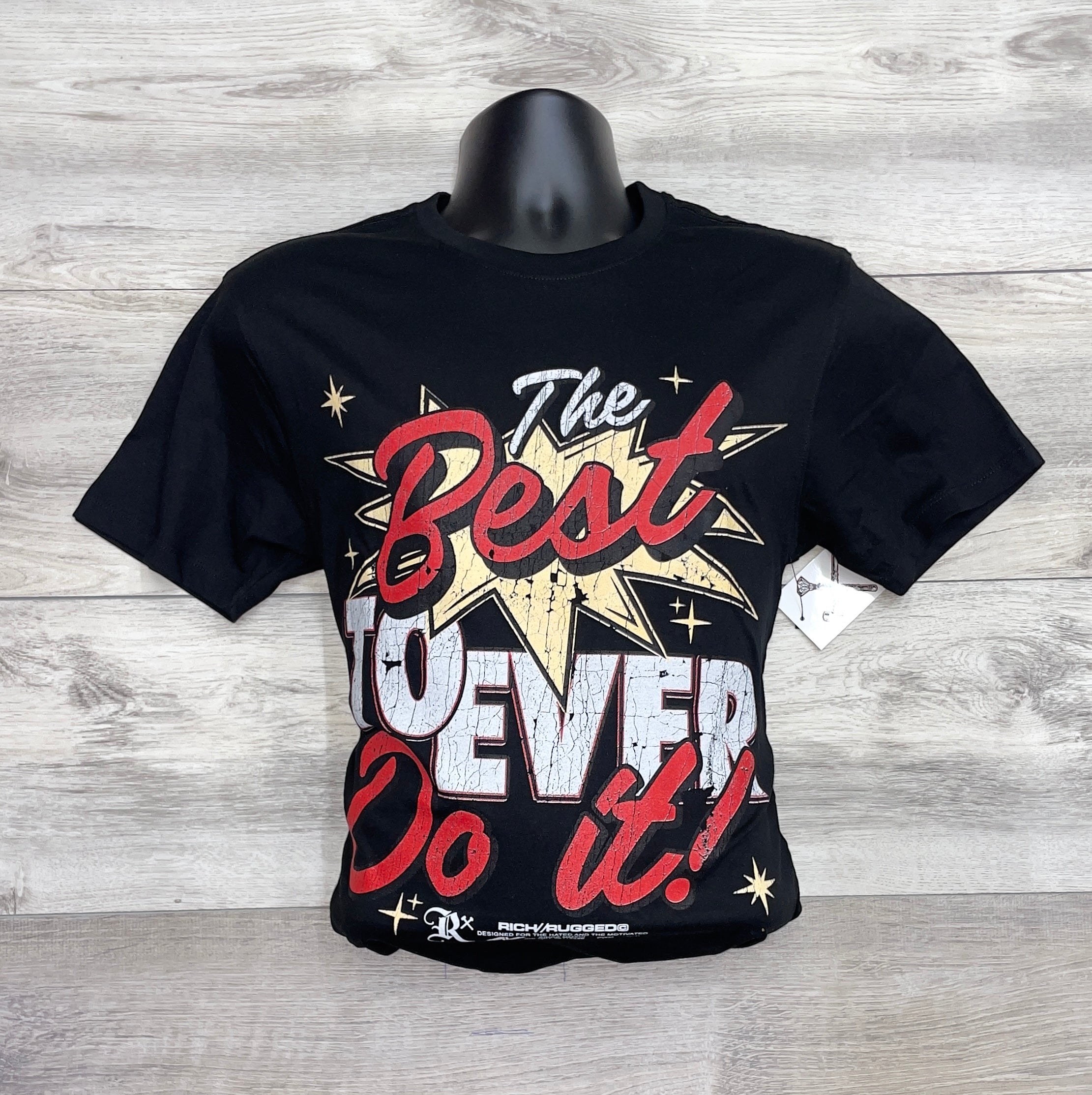 BLACK T-SHIRT WITH RED & WHITE PRINT