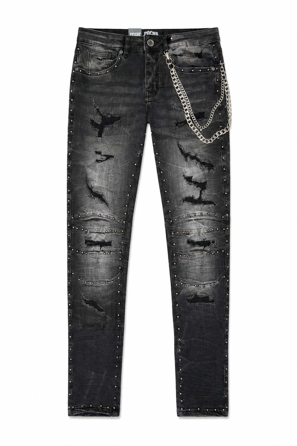 FOCUS BLACK DISTRESSED STUDDED CHAIN JEANS