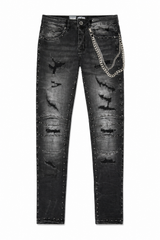 FOCUS BLACK DISTRESSED STUDDED CHAIN JEANS