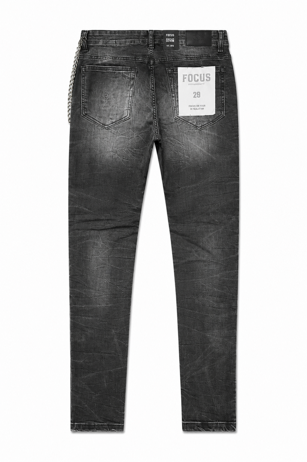 FOCUS BLACK DISTRESSED STUDDED CHAIN JEANS