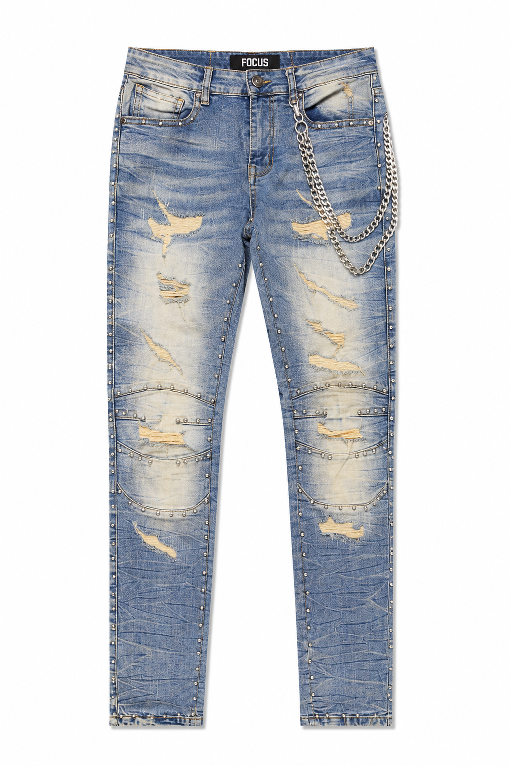 FOCUS LIGHT WASH DISTRESSED STUDDED CHAIN JEANS