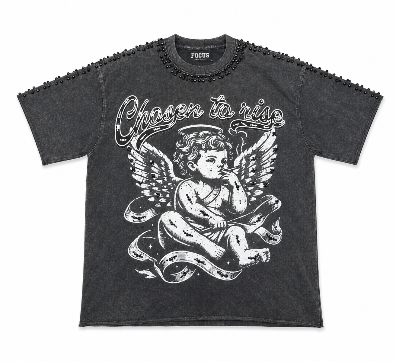 Focus Charcoal Wash Rhinestone Angel Graphic T-Shirt