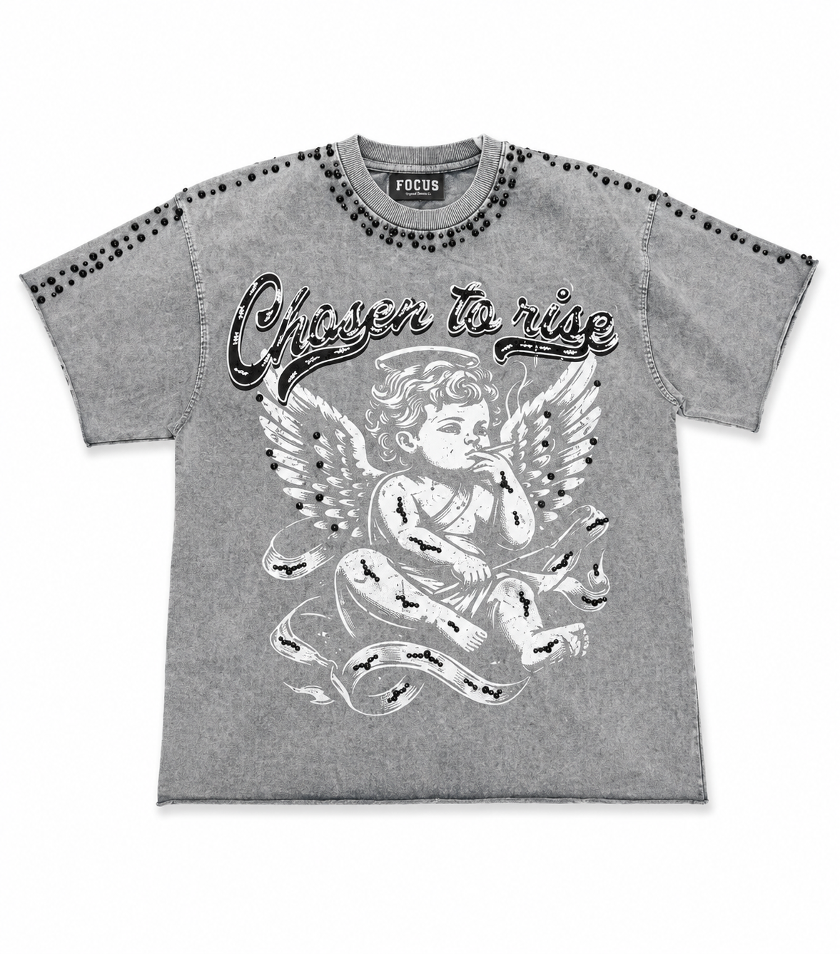 Focus Charcoal Wash Rhinestone Angel Graphic T-Shirt