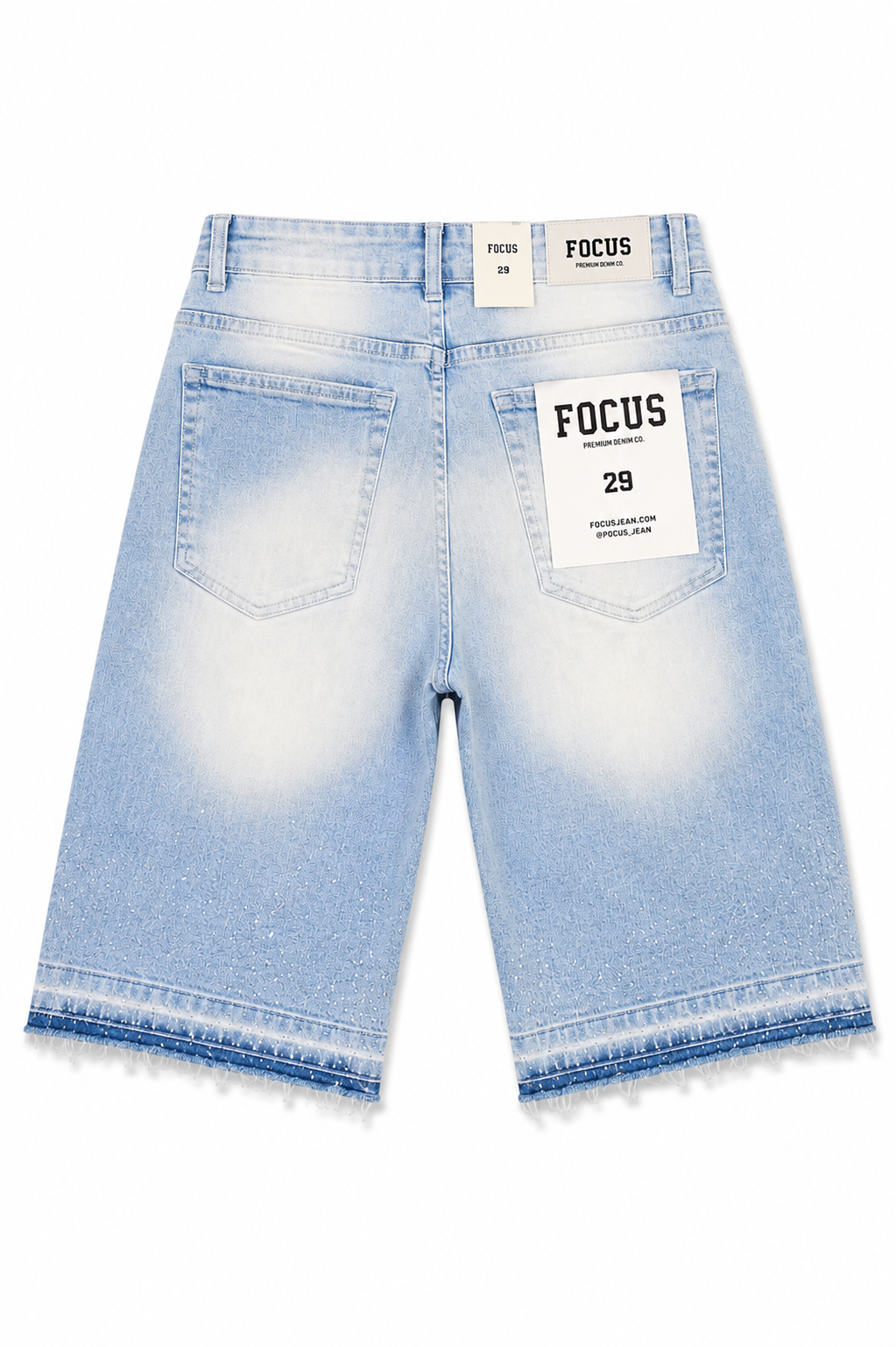 Focus Light Wash Rhinestone Monogram Denim Shorts