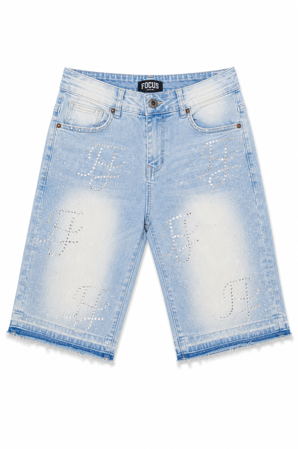 Focus Light Wash Rhinestone Monogram Denim Shorts
