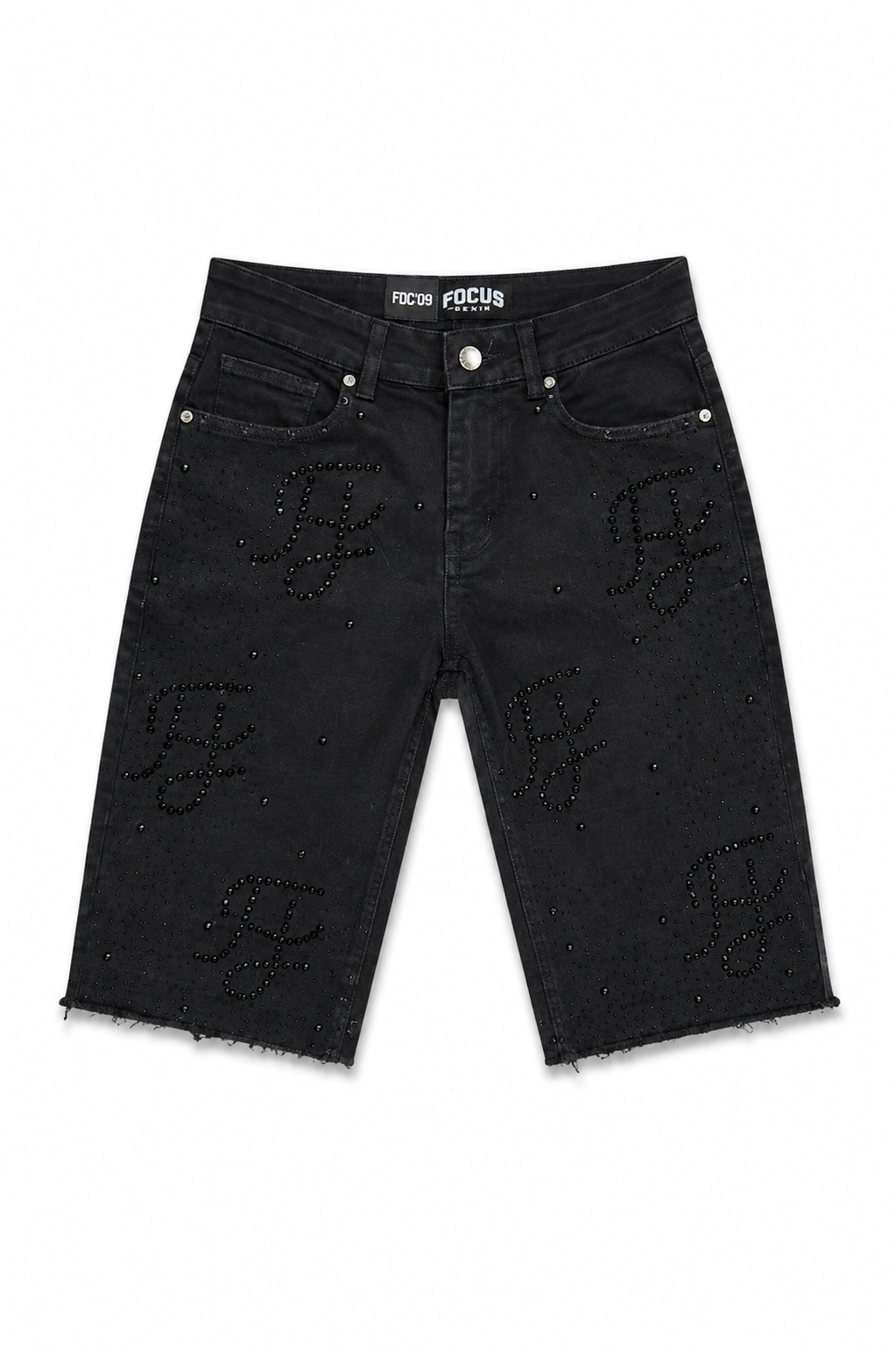 Focus Black Rhinestone Monogram Denim Shorts