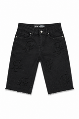 Focus Black Rhinestone Monogram Denim Shorts