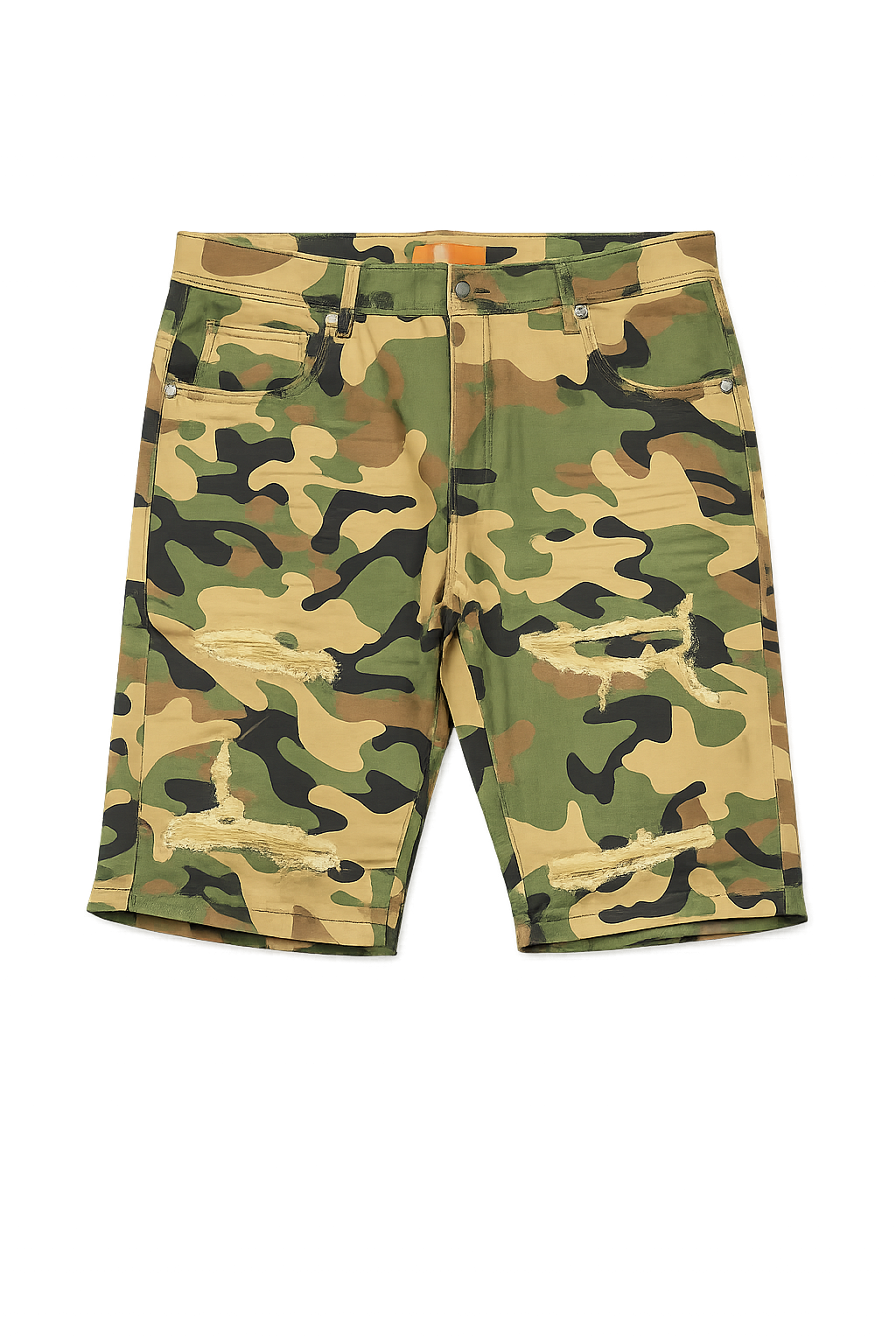 Camo Distressed Denim Shorts
