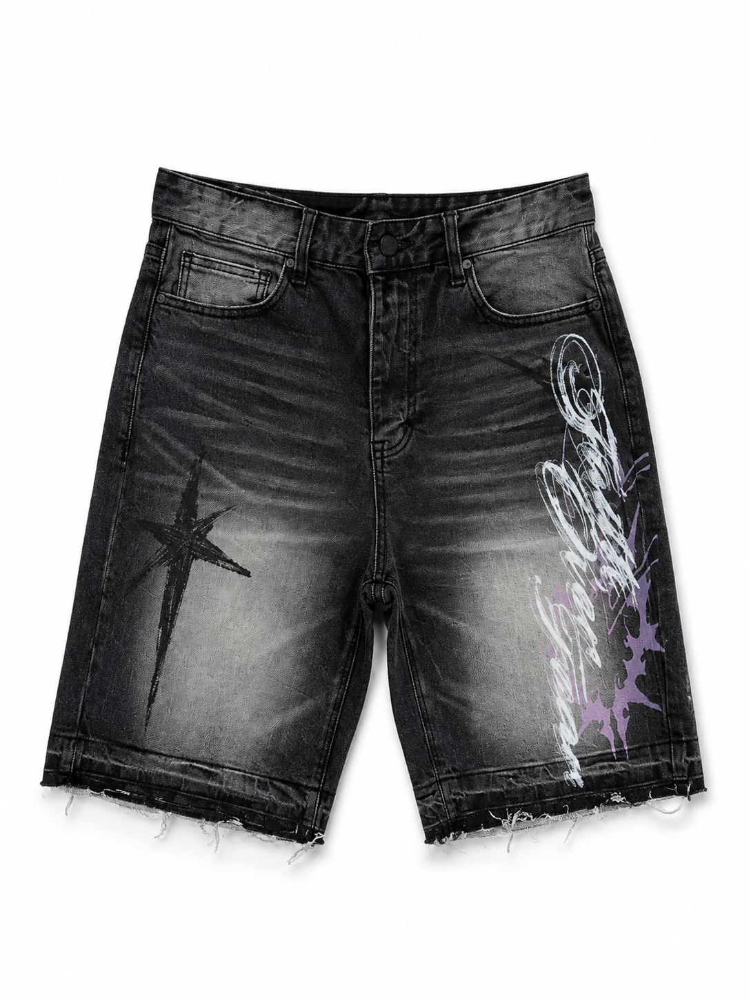 SMOKE RISE DISTRESSED GRAPHIC DENIM SHORTS – BLACK/PURPLE