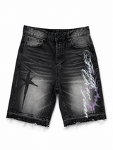 SMOKE RISE DISTRESSED GRAPHIC DENIM SHORTS – BLACK/PURPLE