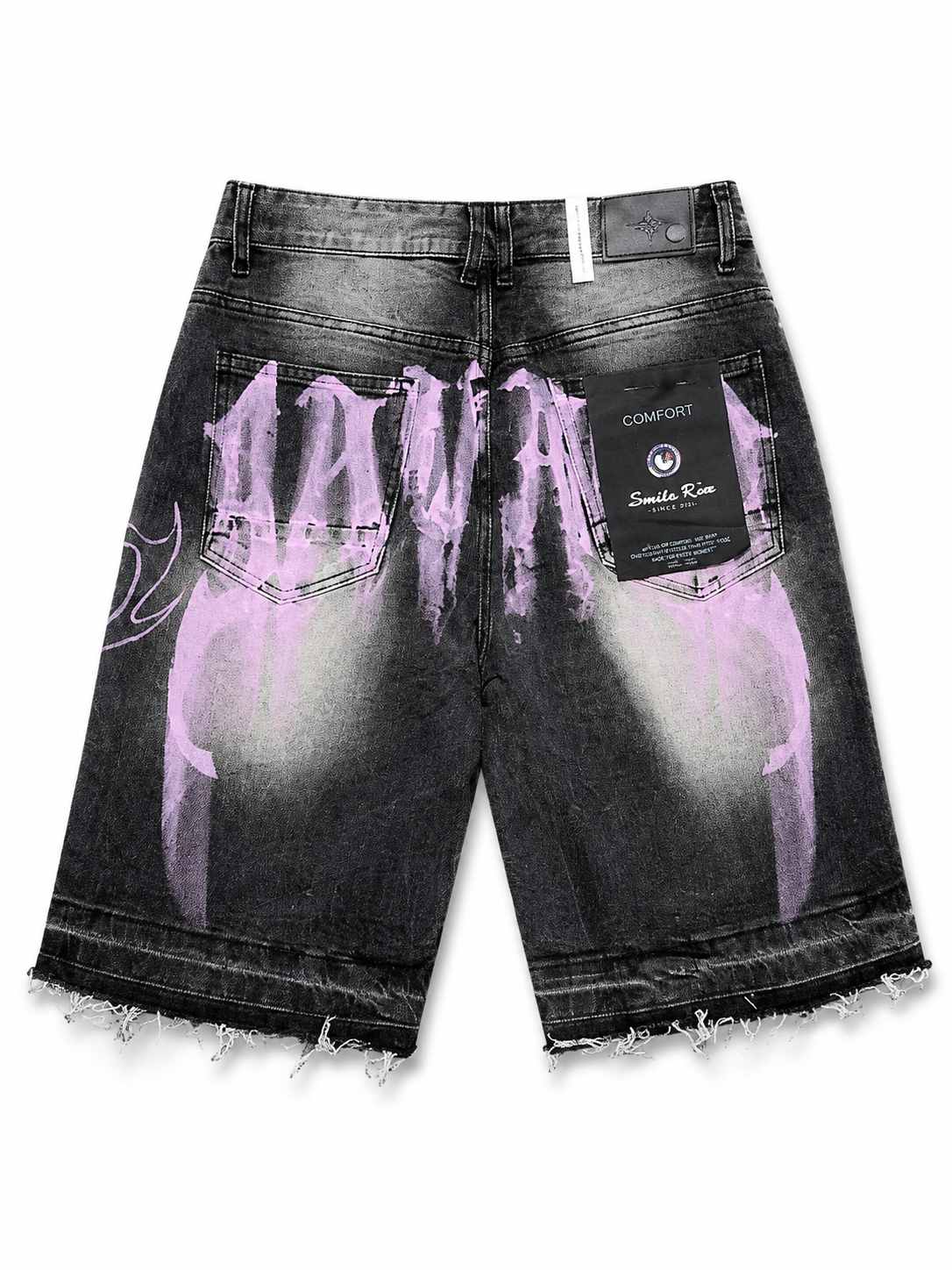 SMOKE RISE DISTRESSED GRAPHIC DENIM SHORTS – BLACK/PURPLE