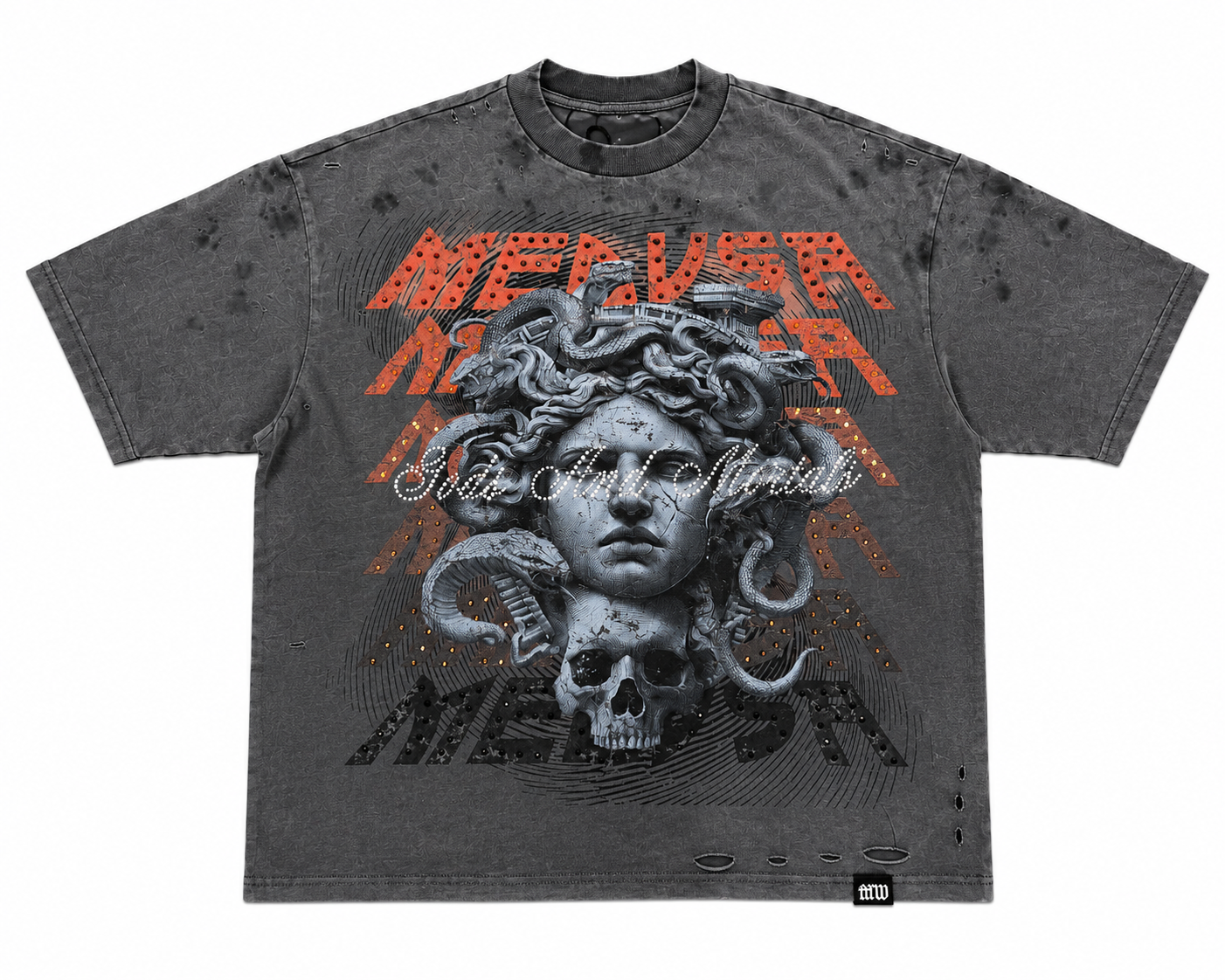 First Row Medusa Skull Rhinestone Distressed Graphic Tee – Washed Charcoal