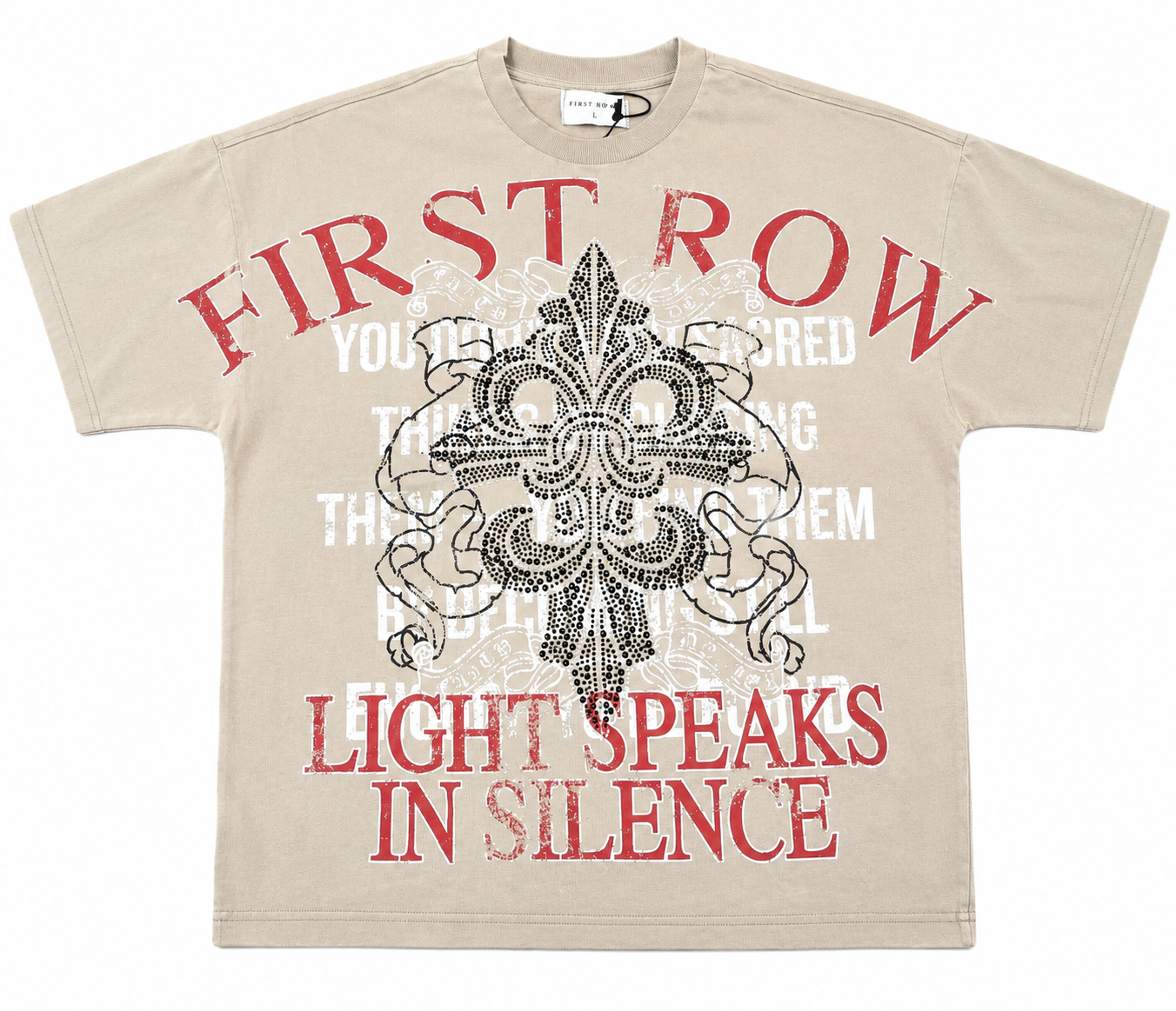 Firts Row Faith Dealer Rhinestone Graphic Oversized Tee – Sand Beige